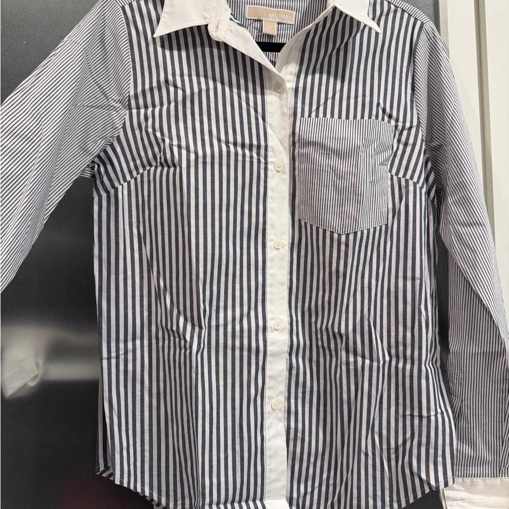 MICHAEL KORS BLUE WHITE Stripe Button Up Sz M BNWT